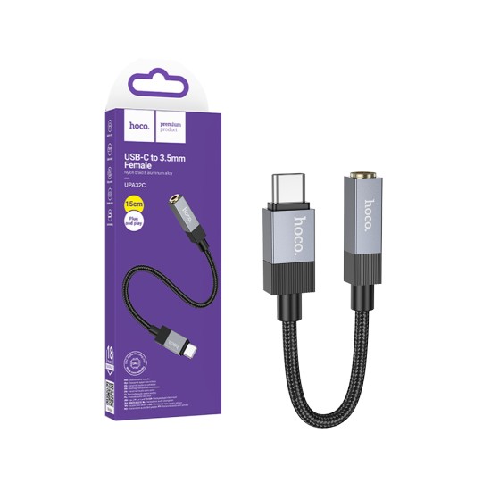 Cabo de Conversão de Áudio Hoco UPA32C Clever Tipo-C  para fêmea de 3,5mm 15cm Preto